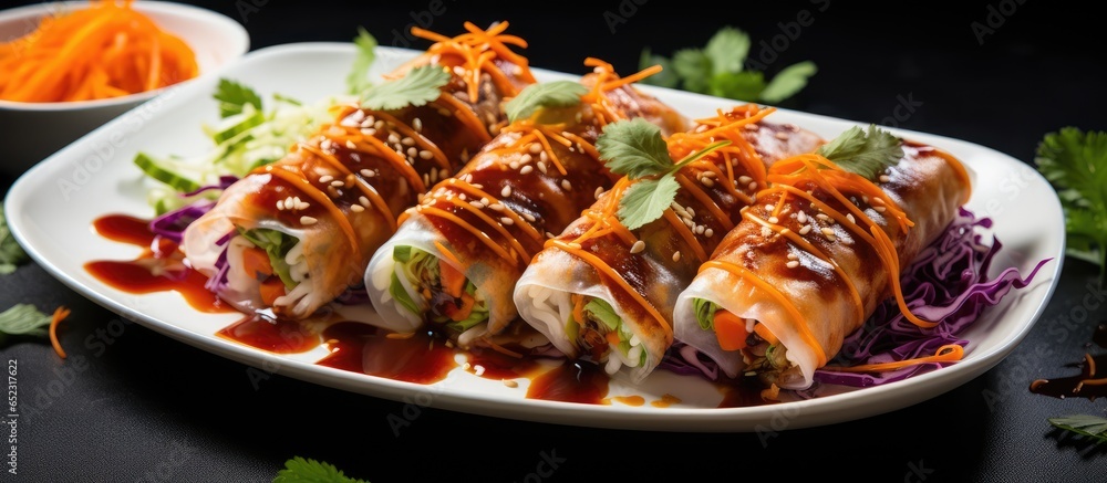 Vegan Vietnamese spring rolls with spicy sauce vegetables and rice noodles Delicious and presentation ready