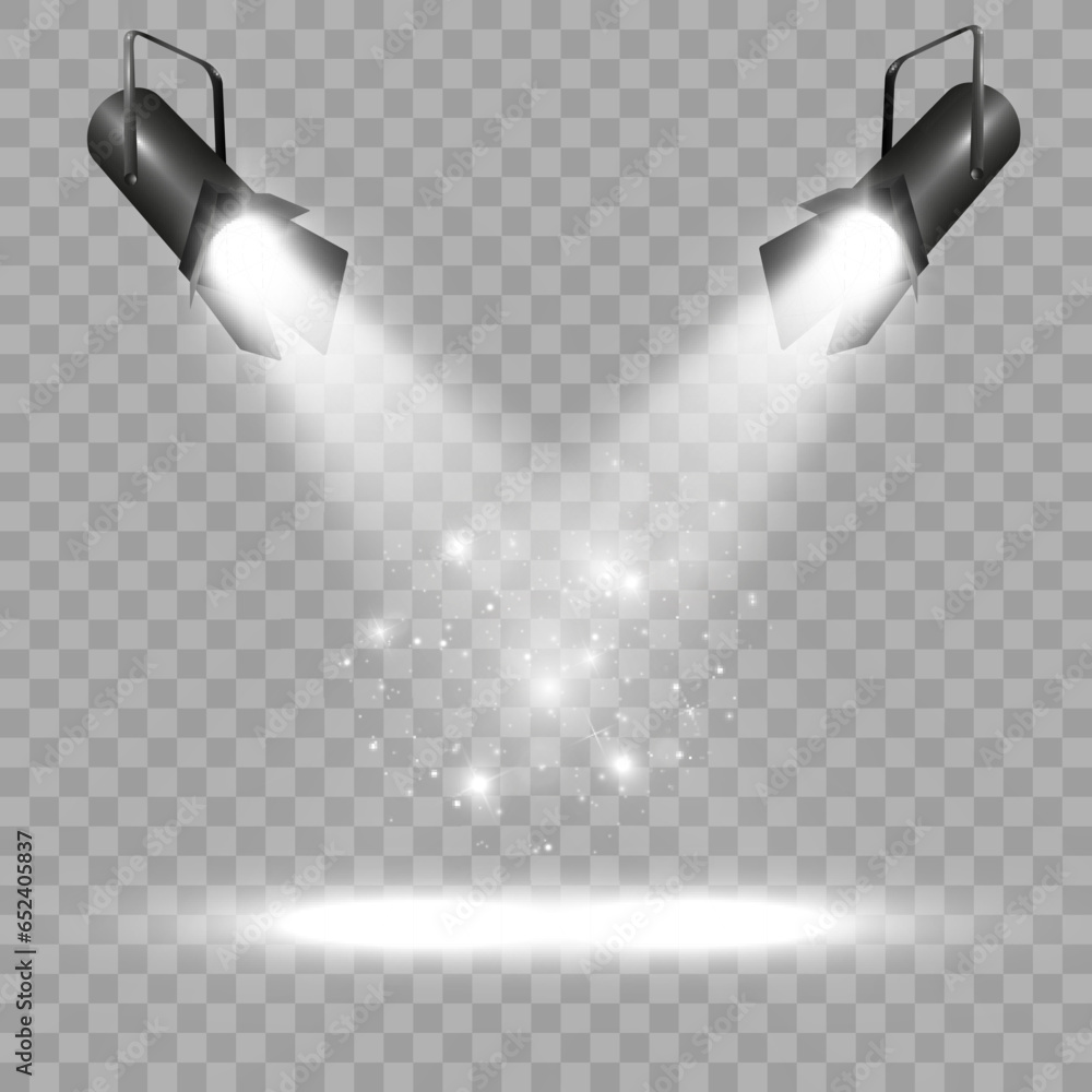 	 Light sources, concert lighting, spotlights. Concert spotlight with ray illuminated spotlights for web design illustration.	 