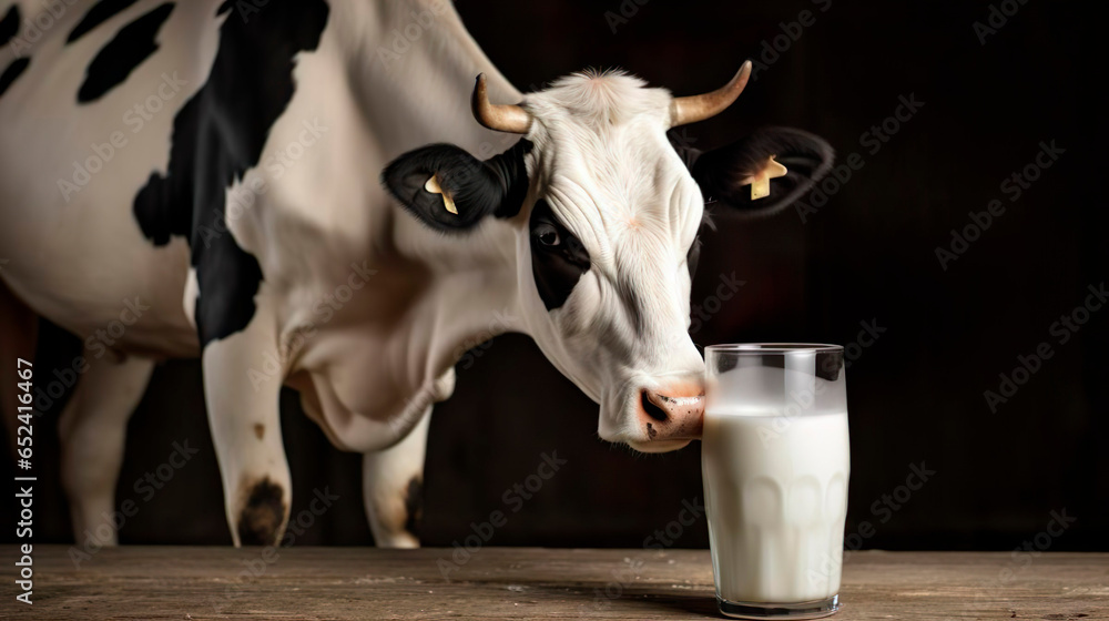 Black and white cow with glass of milk. A cow gives delicious healthy milk. Agriculture, farm, cattle, livestock, milking a cow, production of dairy products concept. 