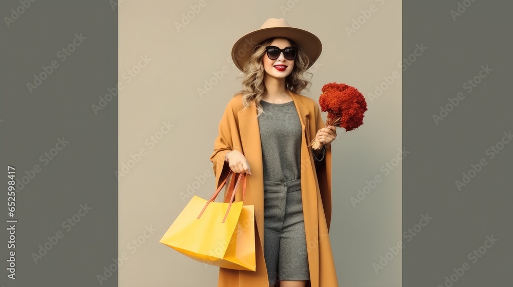 Beautiful woman with shopping bag wearing hat and coat jacket in Autumn color style.