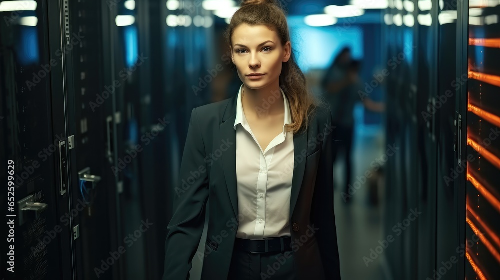 Confident woman engineer working in data center, Data Protection Network for Cyber Security.