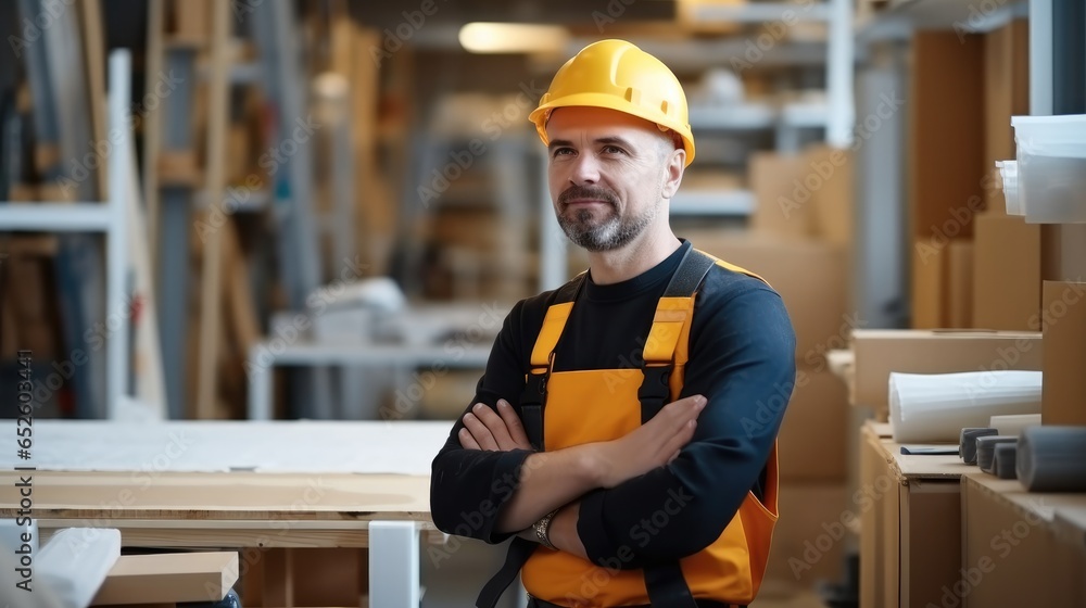 Man in work clothes and yellow helmet stand at shop for manufacturing furniture.