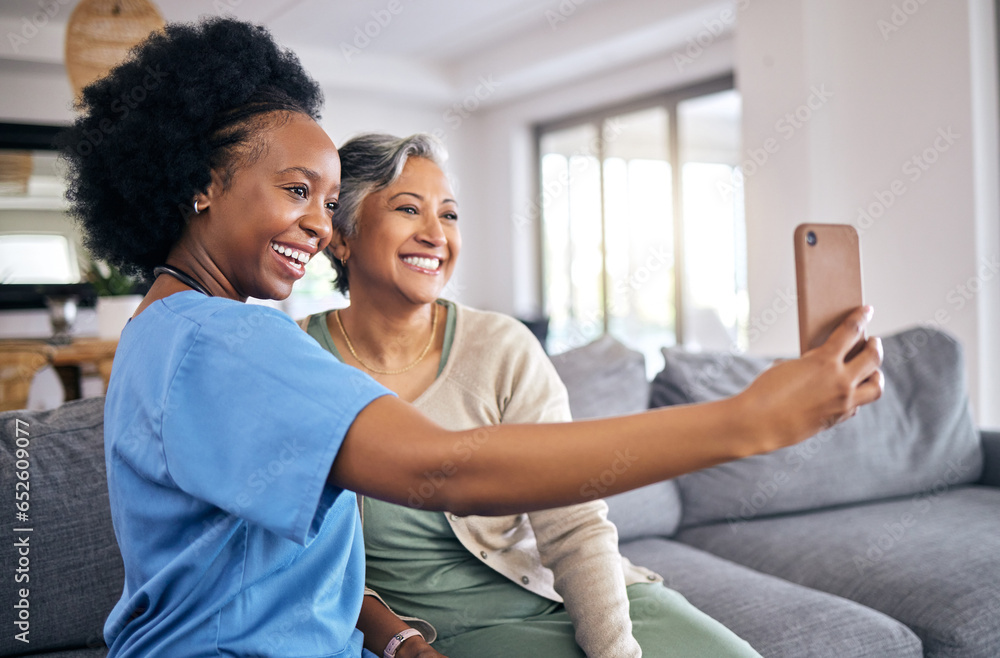 Selfie, phone and assisted living nurse with an old woman in the home living room together. Profile picture, support or community with a happy caregiver or volunteer and senior patient in a house