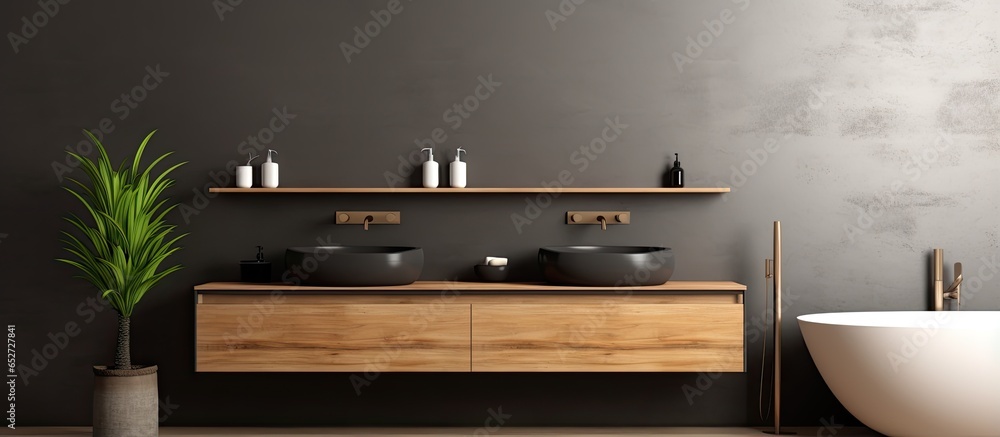Modern house design with black and wooden bathroom corner featuring a tub makeup shelf double sink near gray wall