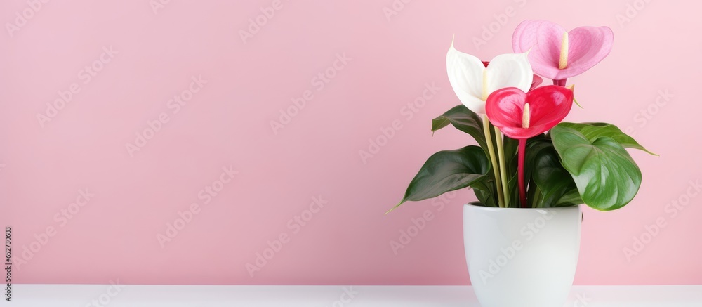 Anthurium plant in white flowerpot symbolizing hospitality isolated on table with pink background