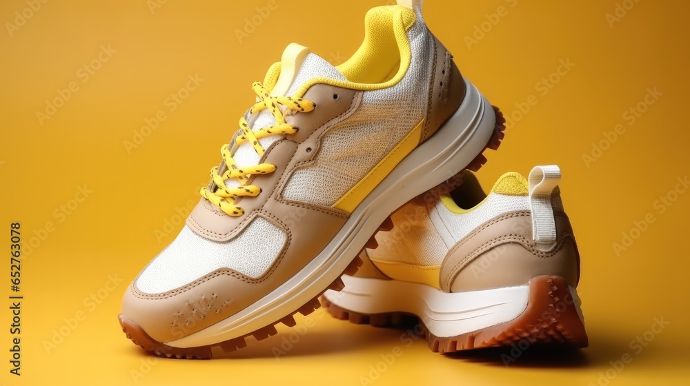 Beige sport men running shoes on bright solid yellow background.