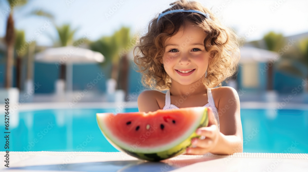 Girl eating watermelon near the pool in a hot summer day.