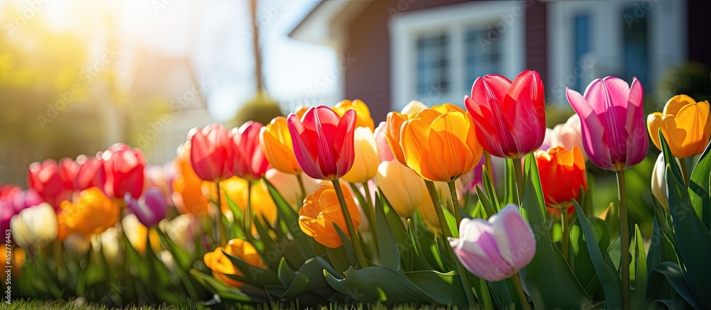 Vibrant tulips by a large house