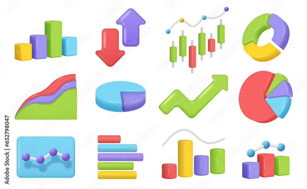 Charts and diagram icon set. Color pie and candlestick Chart. Planning and statistics. Isolated 3d icons, objects for financial statistics data analysis, visualization and investment graphs