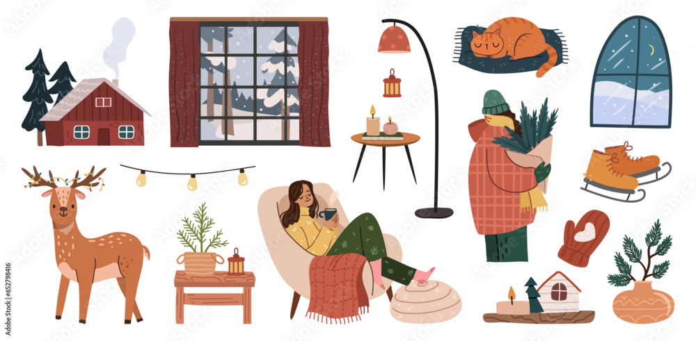 Merry Christmas and Happy New Year winter cozy items and people set. Vector illustration of winter holidays home, big window and reindeer, lamp and male with fur tree, woman resting in armchair