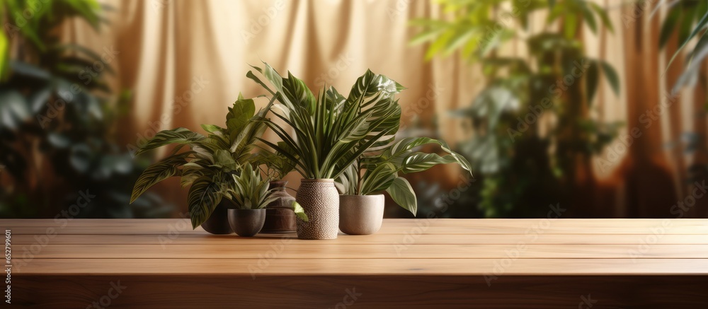illustration of blurred curtains and plants on an empty wooden table