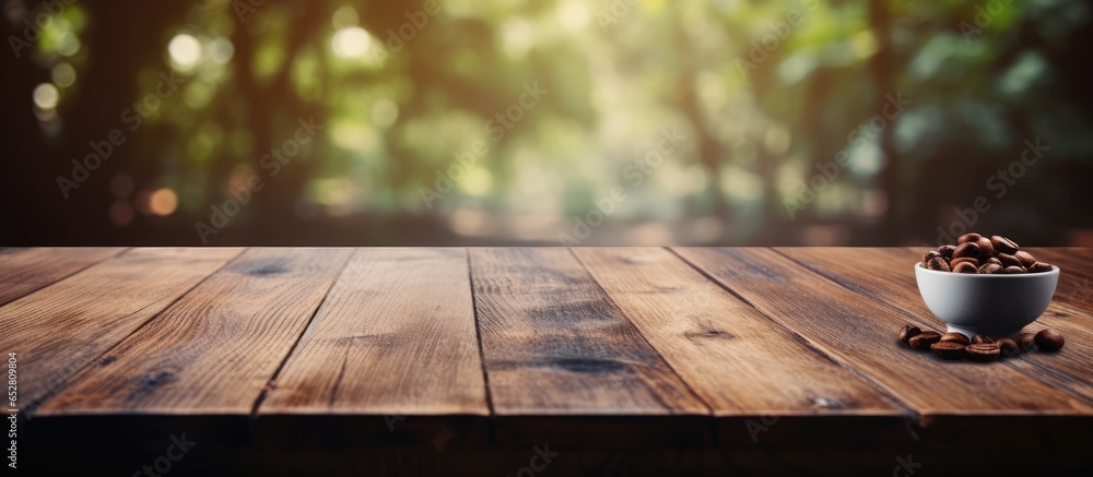 Blurred abstract coffee background with empty wooden table top