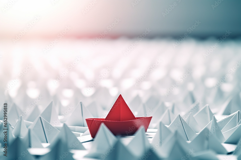 paper boat leadership concept - red paper boat standing out