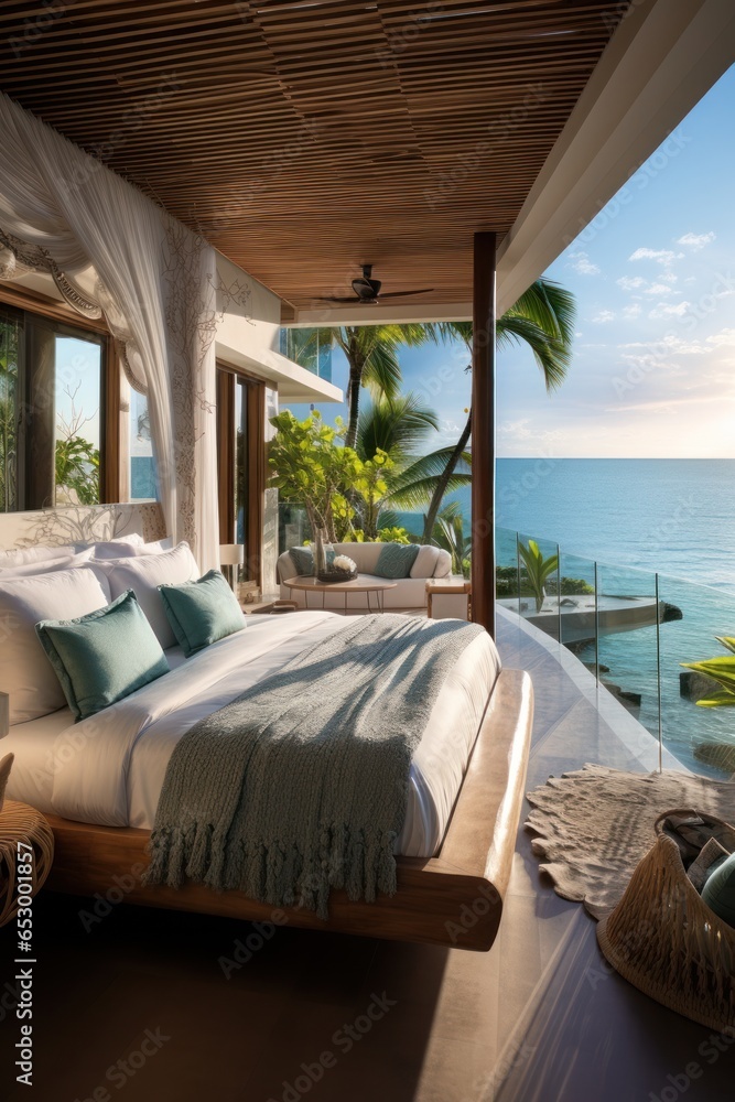 Luxurious bedroom with ocean view balcony