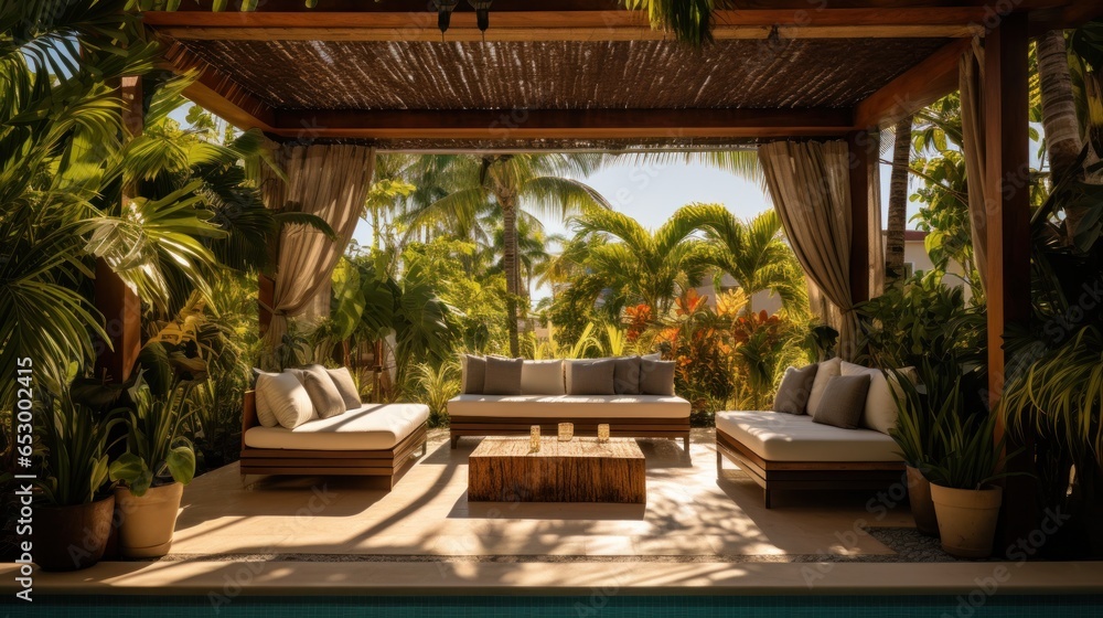 Stylish poolside cabanas with lush tropical foliage.