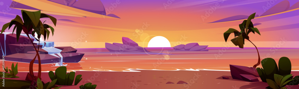 Summer sunset beach with palm tree and orange sky vector landscape. Tropical miami island nature evening illustration. Beautiful boulder rock waterfall on coast. Romantic thailand shore scene