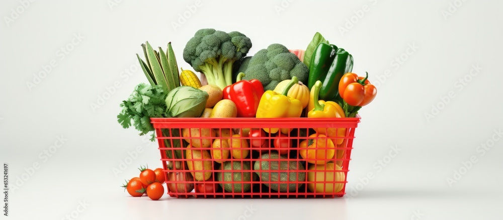 Online grocery shopping concept with illustration of fresh food in a basket isolated on white