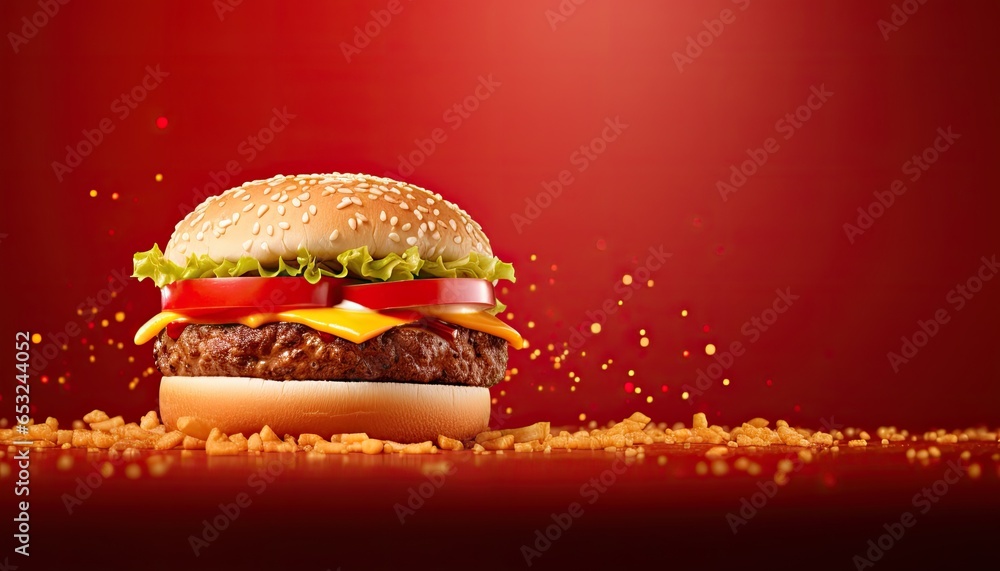 Large hamburger on the red background.