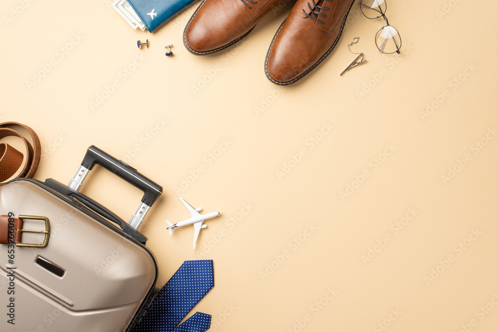 Business travel by air concept. Top view of tiny airplane, formal attire elements – belt, elegant necktie, clip, leather shoes, suitcase, document purse, cufflinks against pastel beige with text space