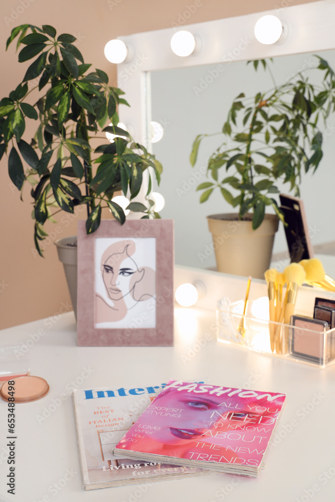 Magazines with cosmetics and houseplant on dressing table in makeup room, closeup