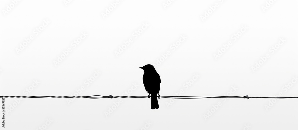 Black and white bird illustration of a silhouette on a wire