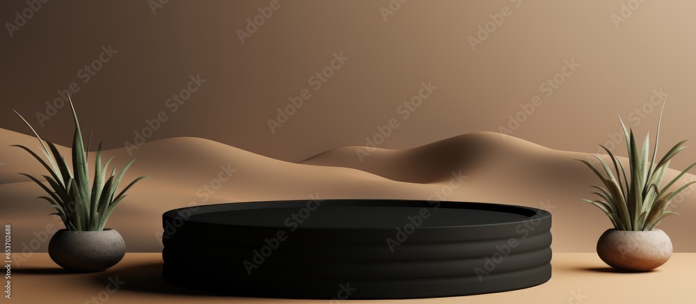 Minimalist mockup stand displaying a product in a dark desert platform featuring sand dunes two cylinders and decoration Includes copy space for product presentation and advertising Rendere