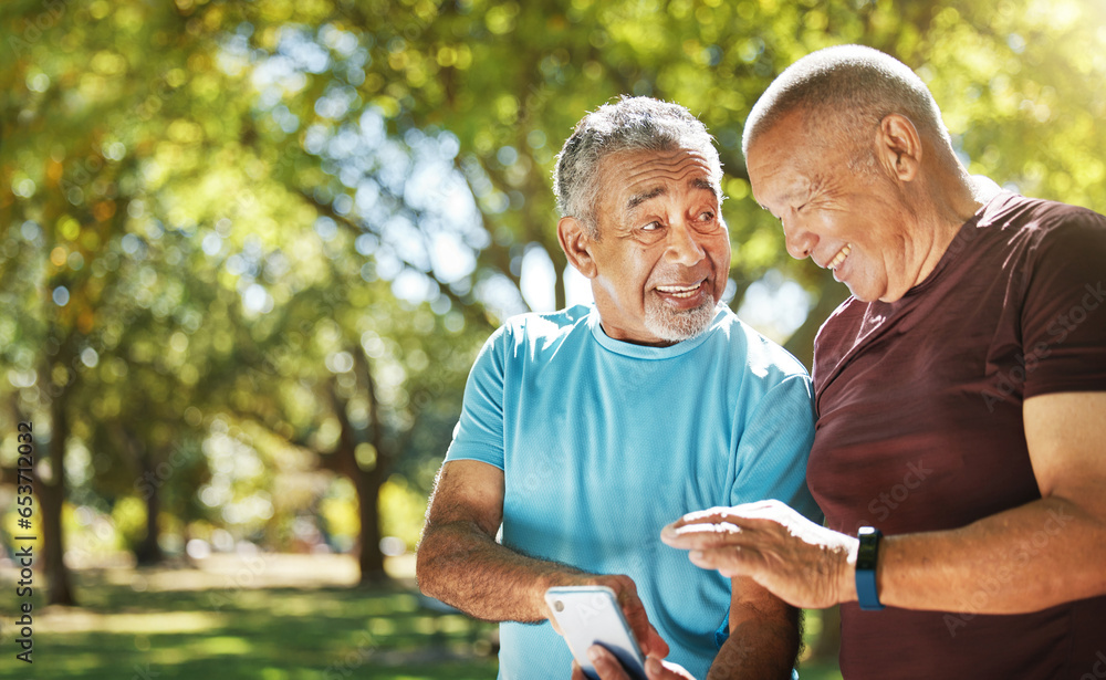 Talking, men and a phone in a park for fitness, training results and conversation about an app. Happy, communication and senior friends with a mobile to monitor health after exercise or running