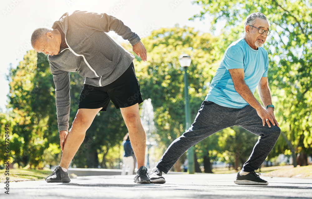 Senior man, friends and stretching for running, exercise or outdoor training together at park. Mature people in body warm up, leg stretch or preparation for cardio workout or team fitness in nature