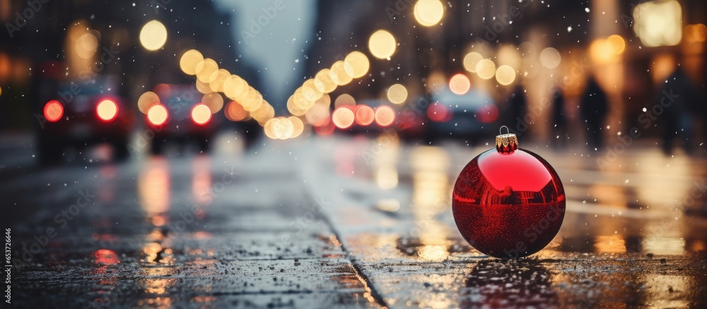 Blurred outdoor Christmas tree with red balls sparkling fairy background defocused lights and city street with cars