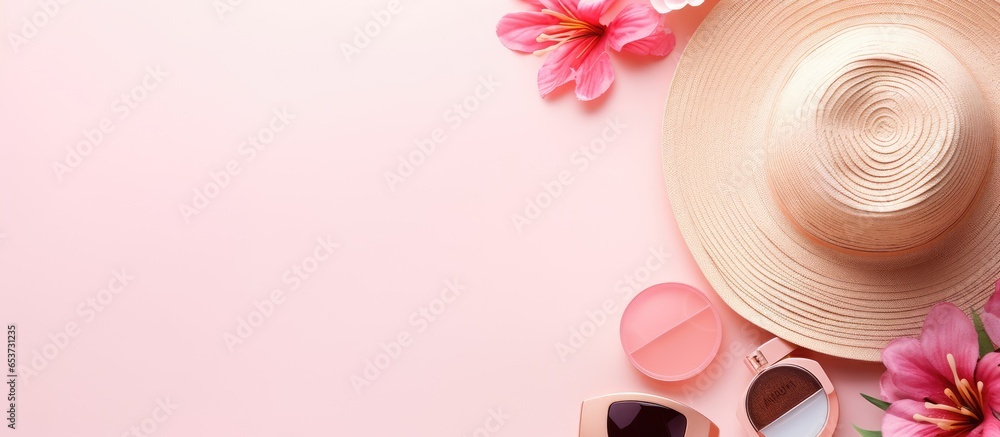 Bird s eye view of fashionable young woman on vacation Accessories for summer holidays displayed on soft colored backdrop Embracing beach fashion and the essence of summer Stylish hues