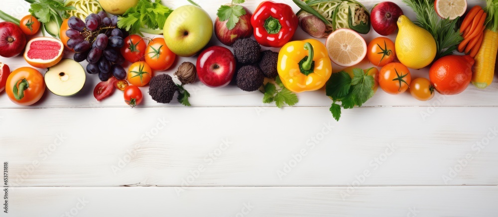 Assorted fruits and vegetables on white background seen from above