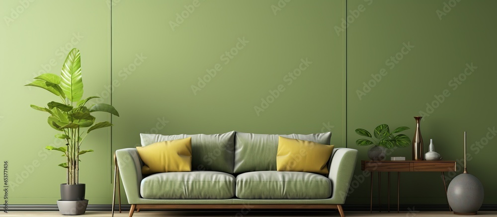 Living room mock up with green decor and furniture