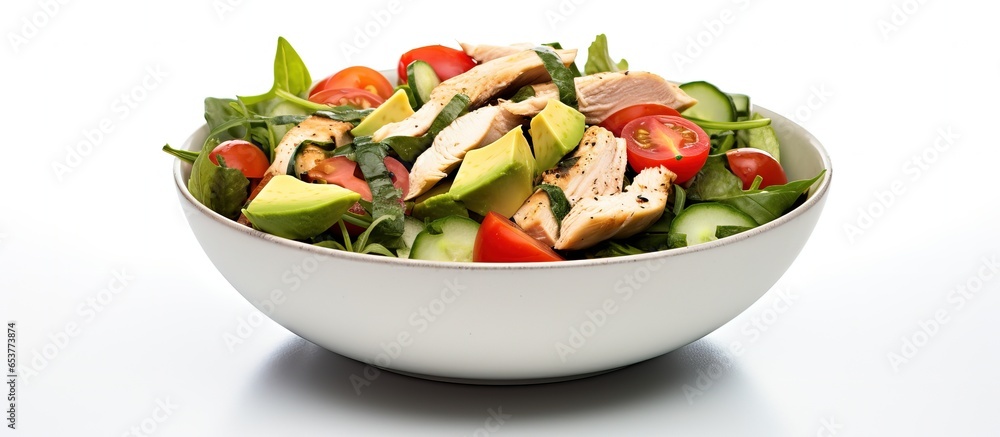 Close up of a healthy chicken salad with tomatoes spinach and avocado on a white background