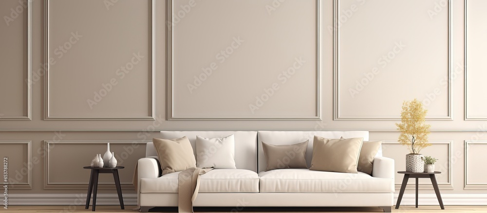 Contemporary gray and beige interior with furniture and decor shown in a illustration