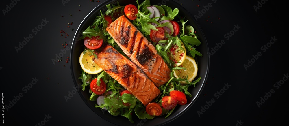 Top view of a salmon salad with grilled fish tomatoes and mixed greens