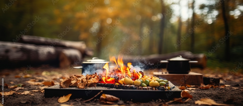 Autumn camping with campfire cooked food near a forest