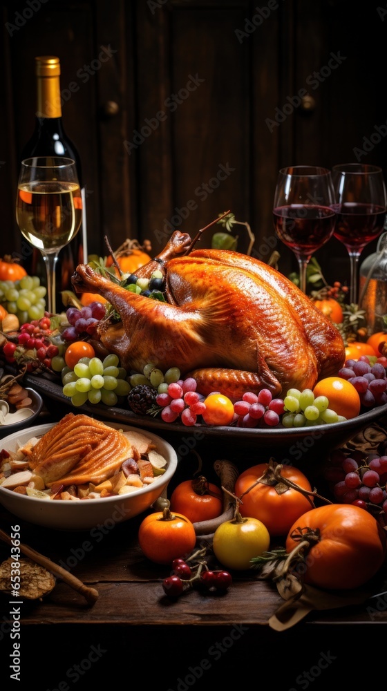 Festive table with turkey pumpkins and cornucopia