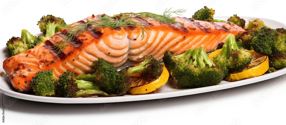 White background with baked salmon and veggies isolated