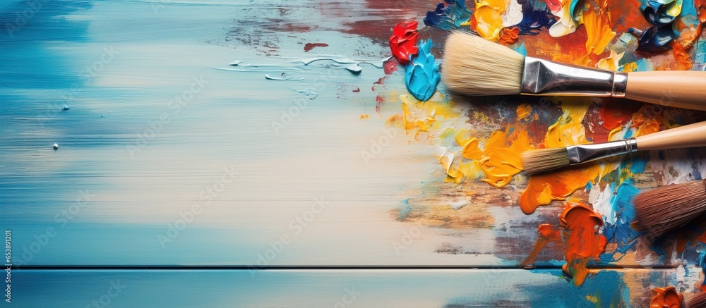 Closeup of paint brushes and palette on a blue table