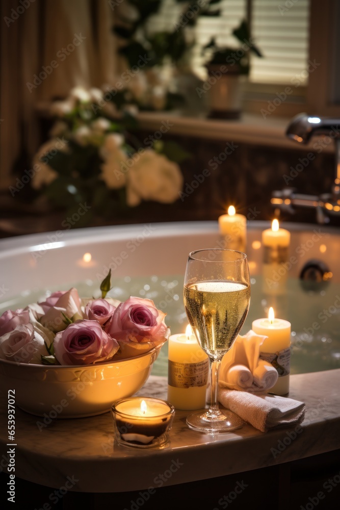 Bubble bath with candles and wine