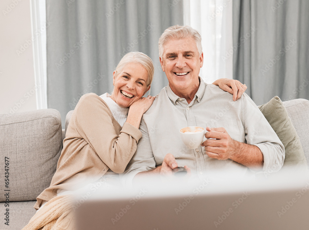 Old people, home and watching tv with coffee and happiness together in retirement with comedy and partner. Love, care and online streaming, funny tv show with tea and couple relax on couch for movie