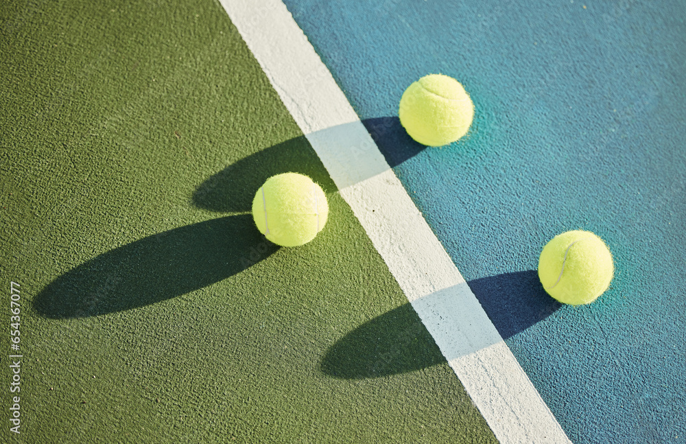 Ball, tennis court and turf for athlete or game for fitness or health as athlete or workout, match or serve. Sports, above and outdoor for energy or cardio in summer for exercise or tournament in sun