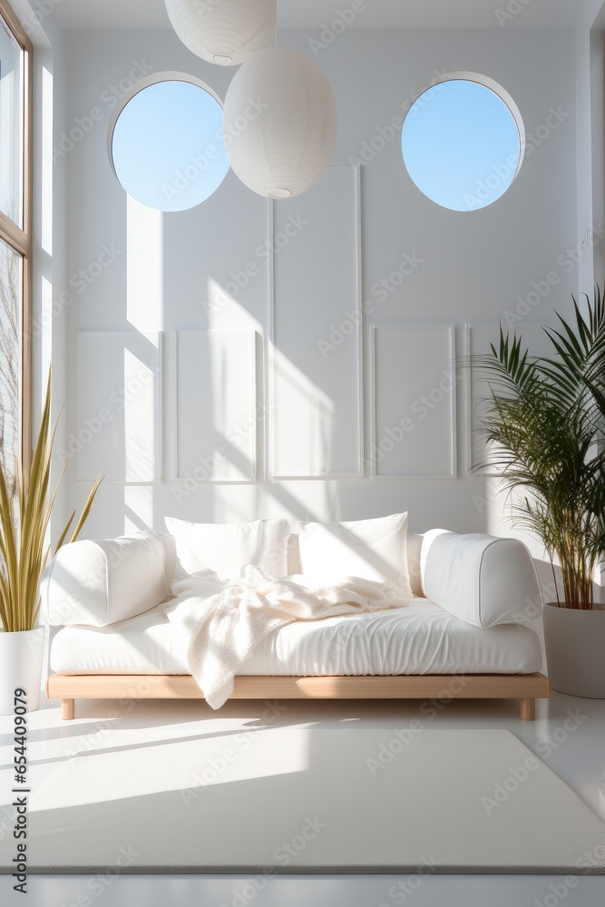 White living room in minimalist modern house.