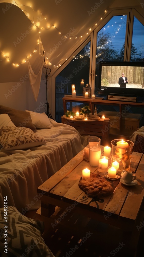 Movie night at home. cozy, intimate, casual, comfortable, romantic