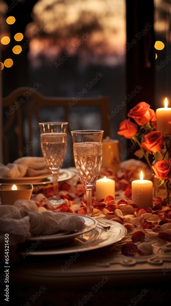 Candlelit dinner. romantic, intimate, cozy, elegant, sophisticated