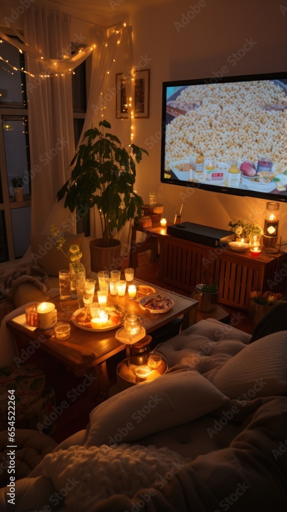 Movie night at home. cozy, intimate, casual, comfortable, romantic