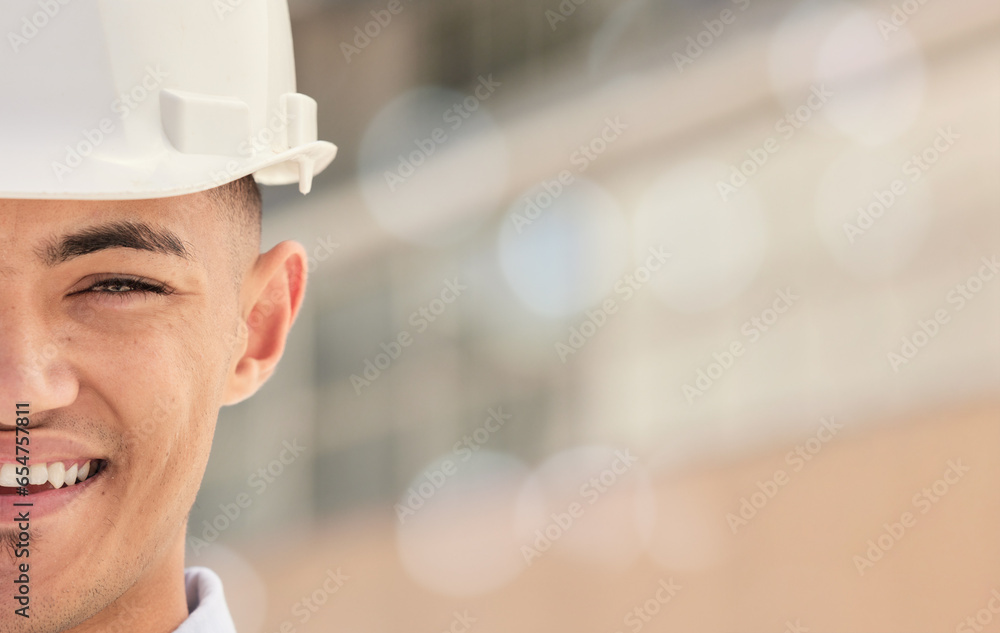 Happy, man and half of construction worker face with inspection of building, site or development mock up. Industrial, manager and portrait of contractor or builder with happiness at warehouse or work