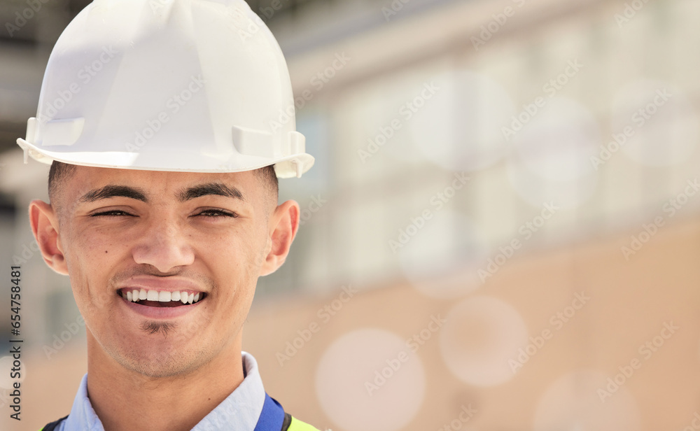 Happy, man and portrait of construction inspection of building, site or industrial development with safety. Industry, worker and face of contractor and builder with happiness at warehouse or work