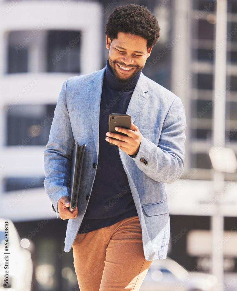 Business, city and black man with a smartphone, typing and walking with a smile, network and connection. African person, consultant and entrepreneur outdoor, cellphone and social media with contact