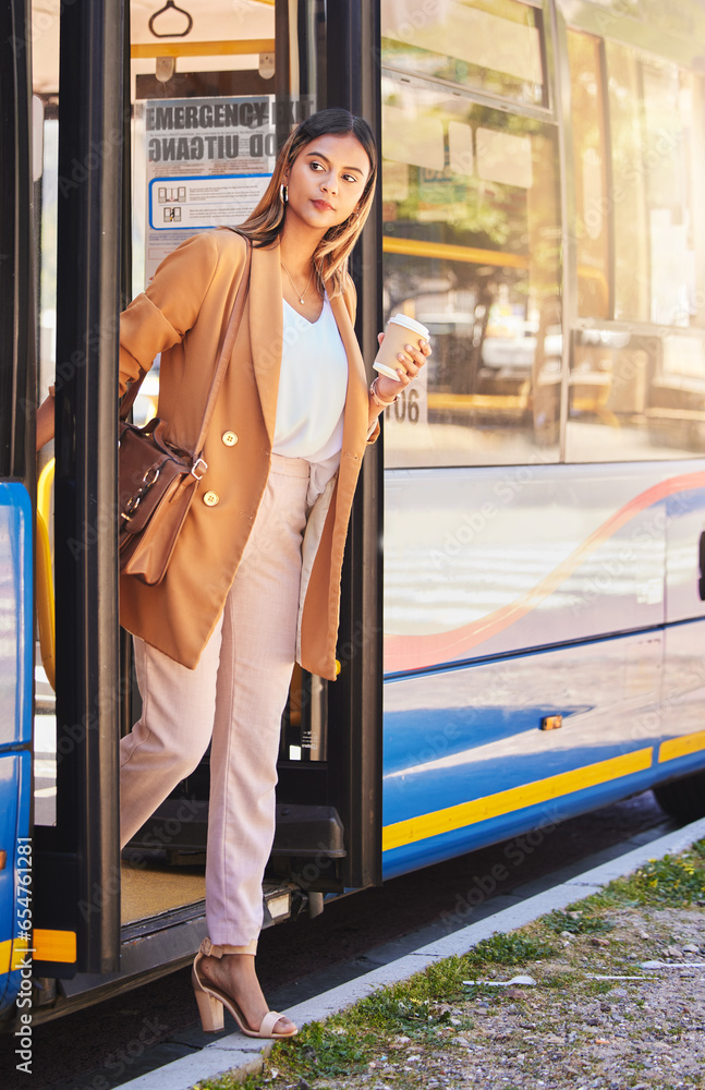 Business, woman or coffee at bus stop for travel or location with public transport for commute in urban city. Professional, corporate or person with beverage and sidewalk or street for transportation